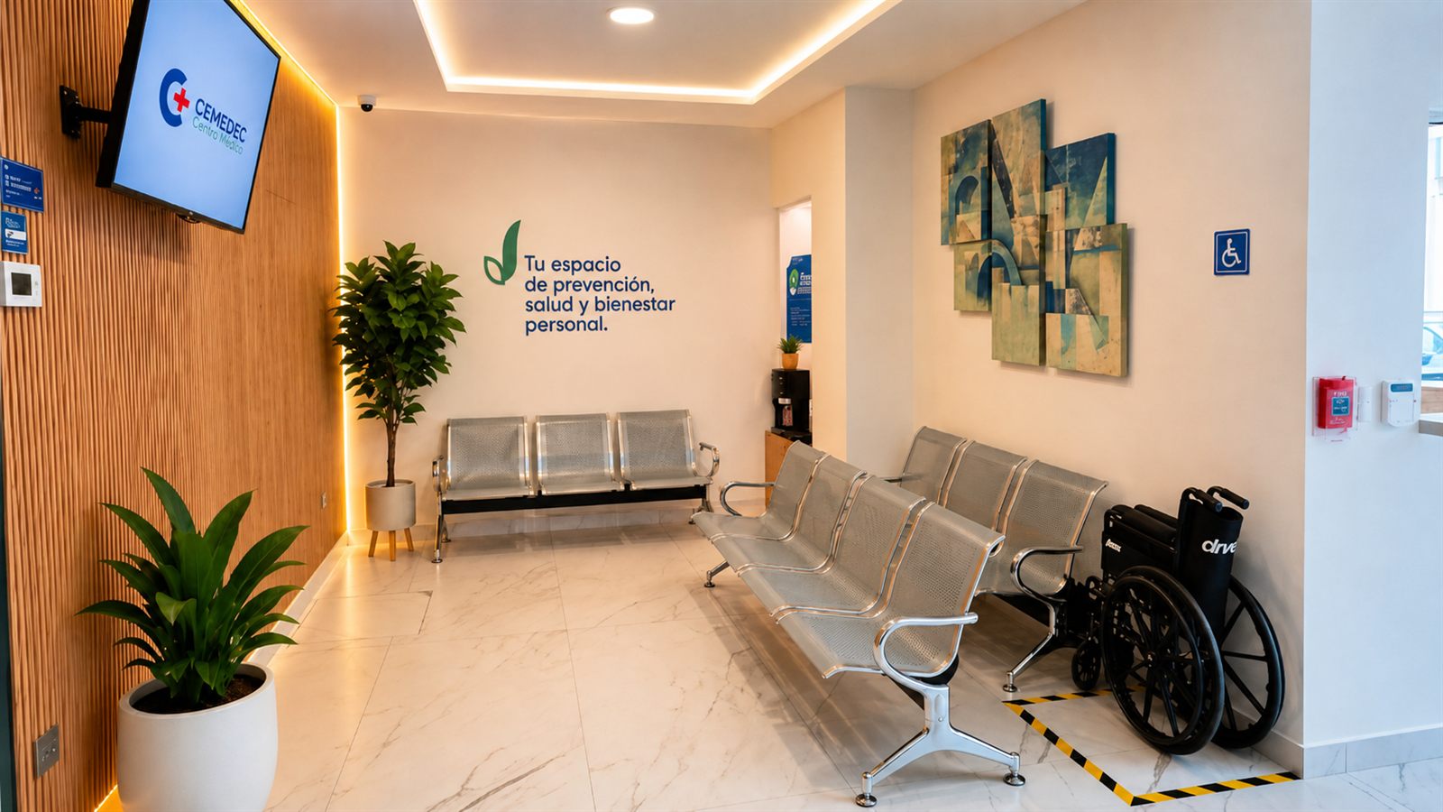 Sala de espera de CEMEDEC: asientos metálicos, plantas, la pantalla de bienvenida, el mural «Tu espacio de prevención, salud y bienestar personal» y el espacio señalizado para silla de ruedas