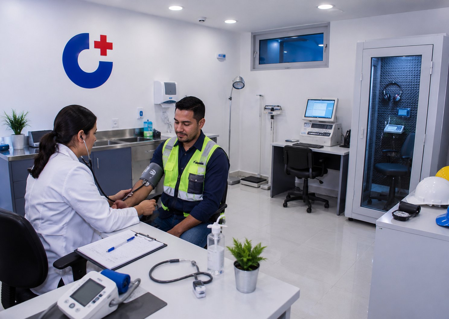 Consulta de salud ocupacional en CEMEDEC: médica tomando la presión arterial a un trabajador con chaleco reflectivo, junto a la cabina de audiometría