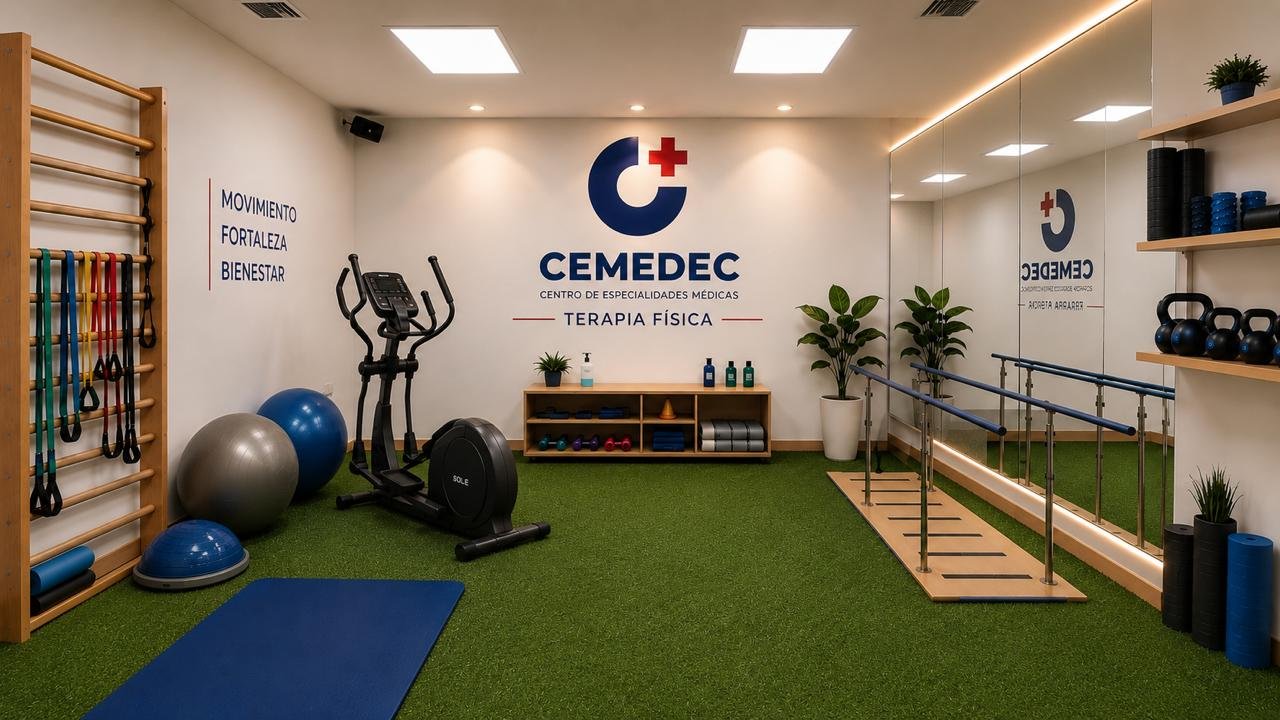 Sala de terapia física de CEMEDEC: elíptica, balones, bandas, barras paralelas y el rótulo «Terapia física» en la pared