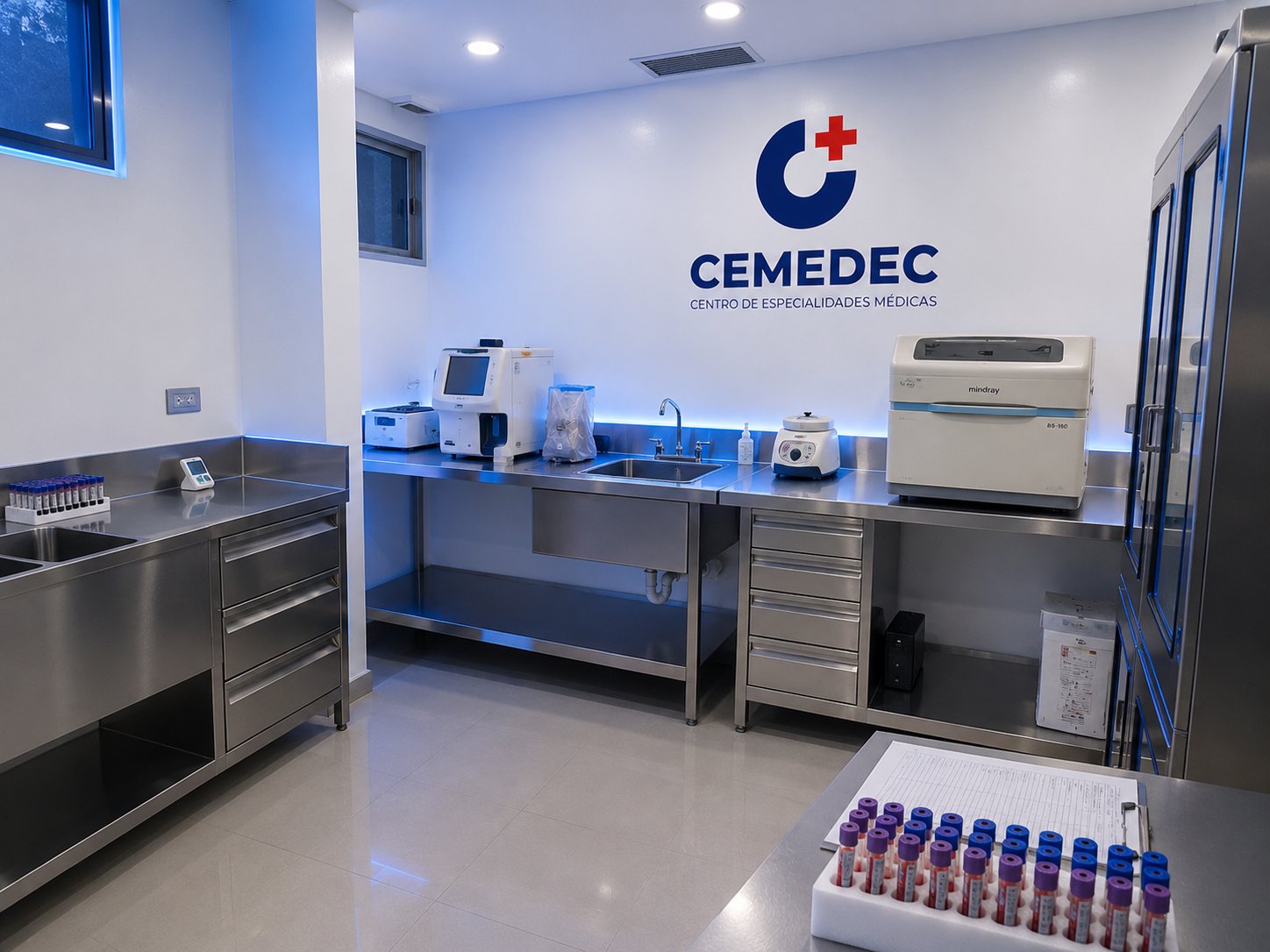Laboratorio clínico de CEMEDEC: analizadores automatizados, mesones de acero inoxidable y tubos de muestras, con el logotipo en la pared